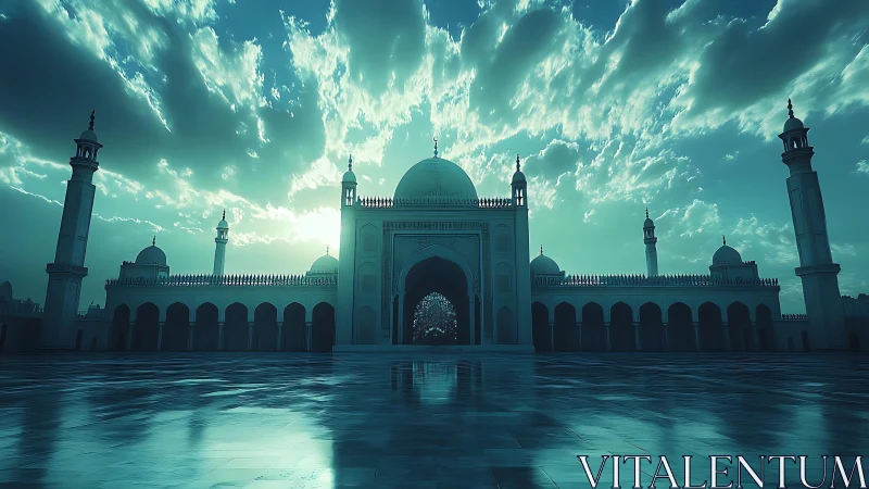 Mosque courtyard reflects moody teal sky at dramatic sunrise
