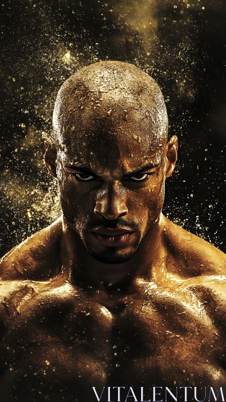 Intense athlete portrait under directional rim lighting and water droplets