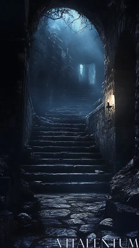 Stone stairway in dim underground passage with doorway.