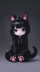 Soft-eyed neko girl sits quietly in a cozy black cat suit