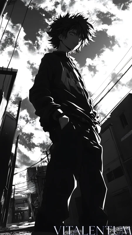 Moody anime boy standing in alley under bright sky.