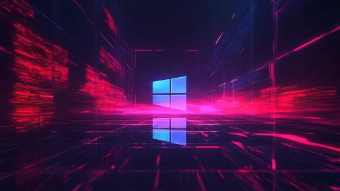 Neon data corridor frames luminous window logo with reflective floor