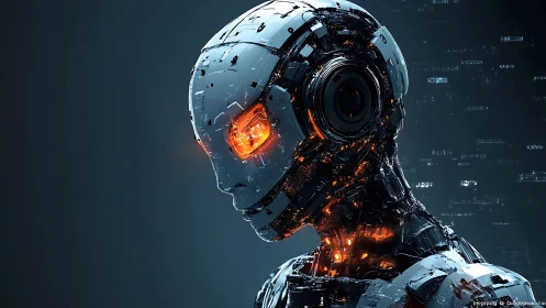 Cybernetic android with molten core and luminous gaze.