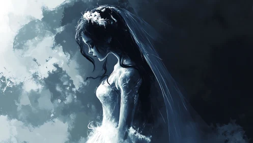 Melancholic bride in moonlit haze stands lost in thought