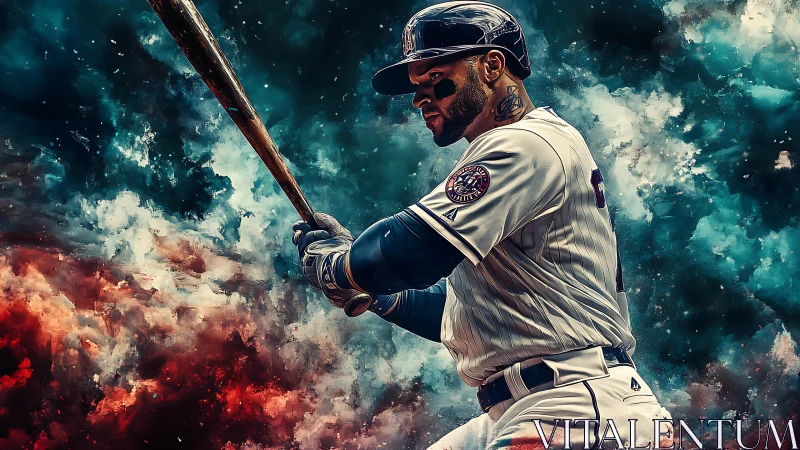 Cosmic batter poised at the plate in swirling color storm.