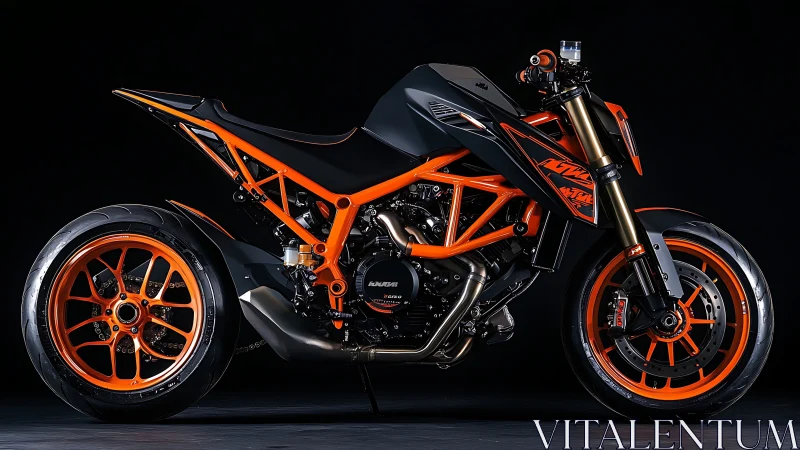 Studio-lit orange trellis-frame sport motorcycle profile study.