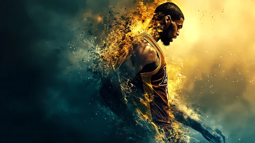 Explosive digital portrait of basketball player in motion.