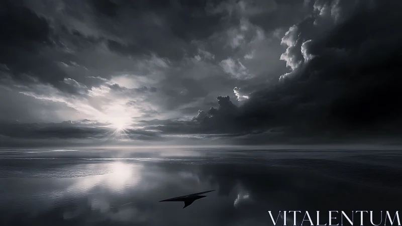 Monochrome seascape renders high contrast storm-lit horizon plane
