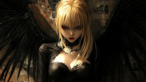 Dark winged woman stares forward under harsh side light