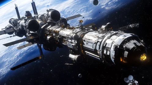 Cylindrical orbital battleship with modular docking arrays in space.