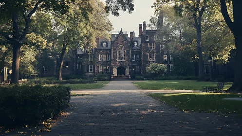 Autumn hush around ivy-clad collegiate courtyard facade.