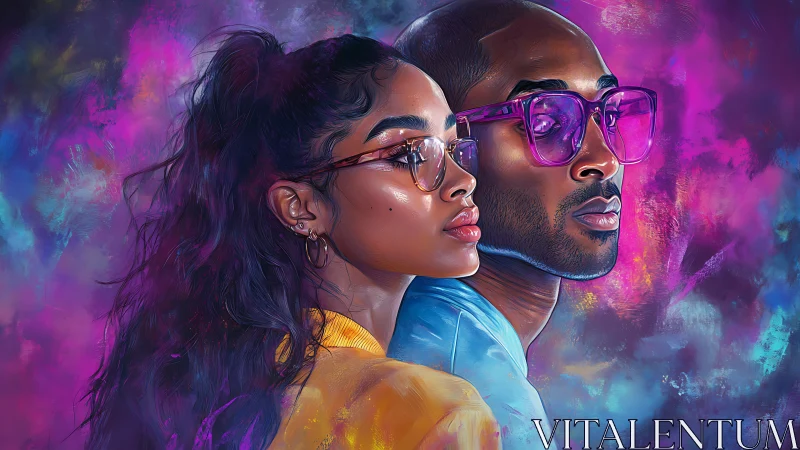 Colorful portrait celebrates two stylish friends in neon light