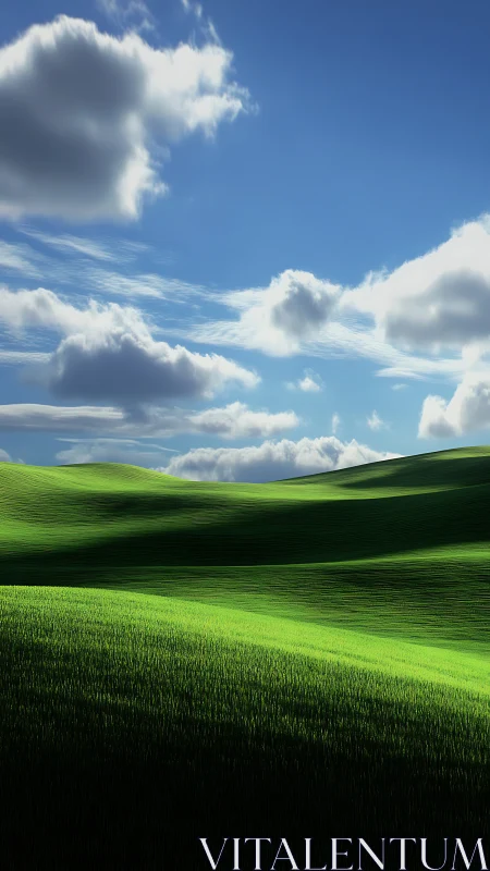 Sunlit green hills roll beneath deep blue clouded sky