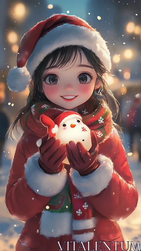 Smiling anime girl in Christmas coat holding glowing toy.