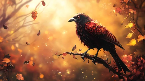 Autumn crow perched on branch in glowing, dreamy forest scene.