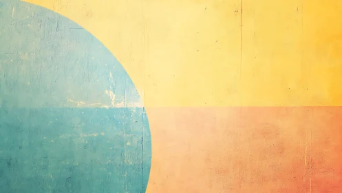 Muted geometric mural balances pastel circle and bands.