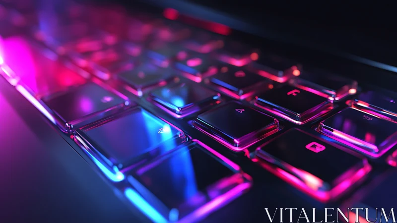 Glass keyboard keys reflect neon blue and pink backlighting