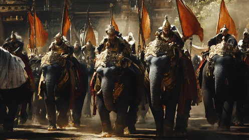 Armored warriors ride decorated elephants in dusty procession