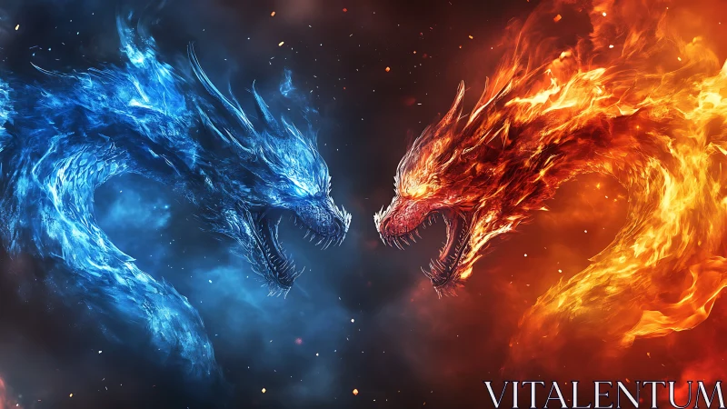 Opposed elemental dragon forms in blue ice and red fire.