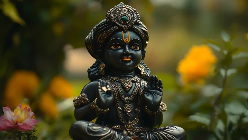 Gentle dark stone deity statue in a soft garden glow.