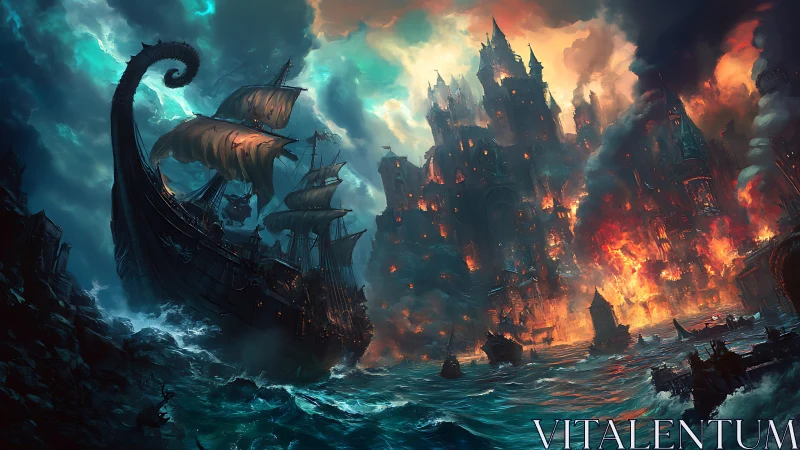 Storm-lit dragon ship watches a burning coastal citadel