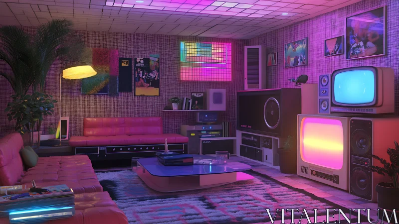 Retro living room interior with neon lighting and electronics.