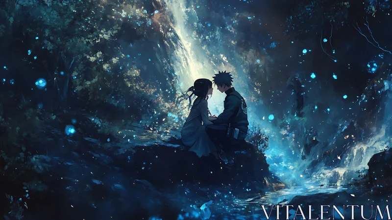 Moonlit anime lovers by a glowing forest waterfall dreamscape.