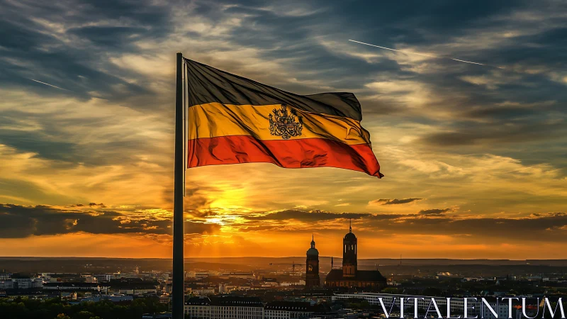 Historic tricolor flag over city skyline at golden sunset.