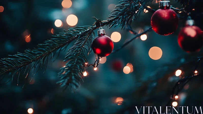 Photorealistic evergreen bokeh with red holiday ornaments.