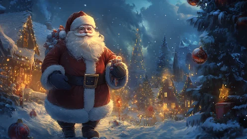 Snowy village Santa carrying gifts through warm lantern glow.