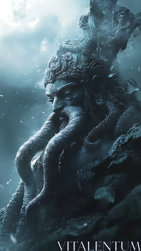 Subaquatic stone deity entwined with cephalopod appendages.