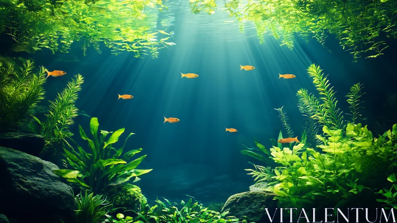 Small orange fish swim through dense underwater plants