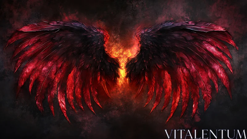 Dark red feathered wings spread before fiery abstract core.