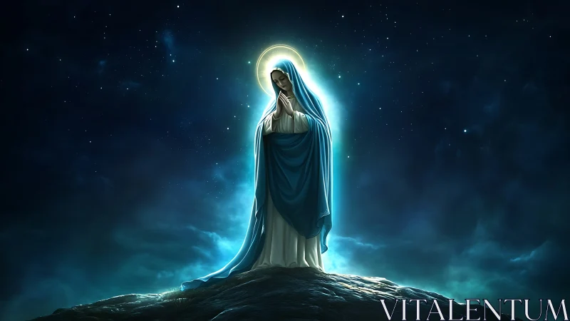 Luminous veiled figure in blue cloaked by a solemn night sky.
