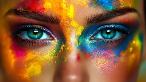 Radiant eyes framed in bold splashes of festival color.