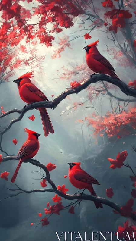 Crimson cardinals share a quiet moment in a misty red grove