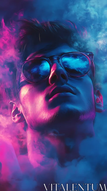Neon-lit portrait with reflective sunglasses in vapor clouds.
