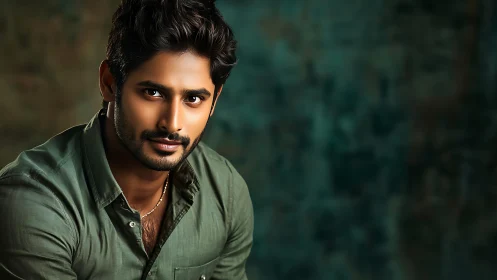 Portrait of confident man in green shirt against dark backdrop.