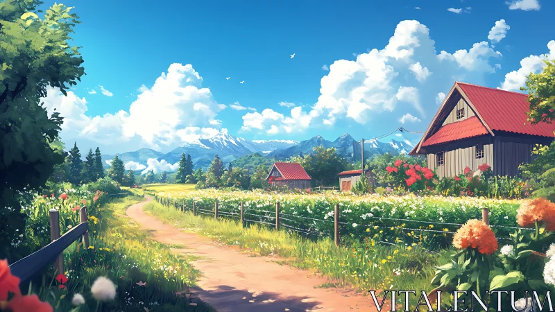 Sunlit country farm road under bright summer sky.