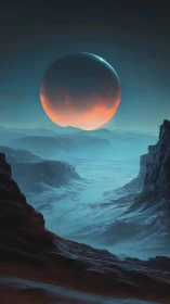 Orbital fire above frozen canyon on alien world.