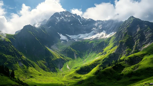 Mountain basin contains steep green slopes and residual snow