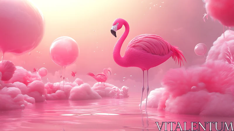Flamingo stands in pink reflective water among cloudlike forms