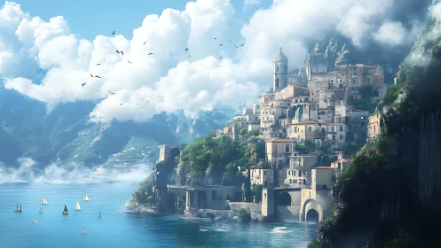 Cliffside Medieval Town Along Azure Mediterranean Waters.