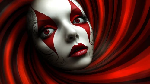 Crimson vortex muse with porcelain mask and burning gaze.