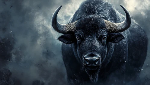 Frontal bison charge in high-contrast atmospheric digital rendering.