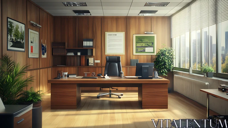 Executive office rendered in warm wood tones and daylight.