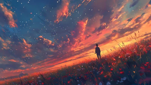 Boy watches blazing sunset sky over wildflower field.