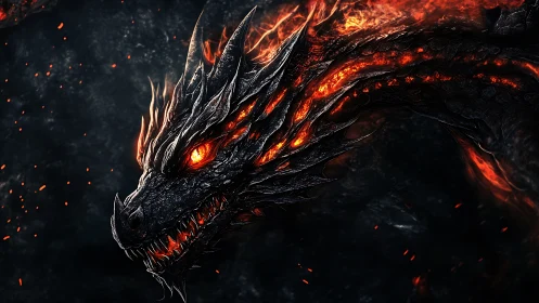 Fiery black dragon head with molten glowing scales.