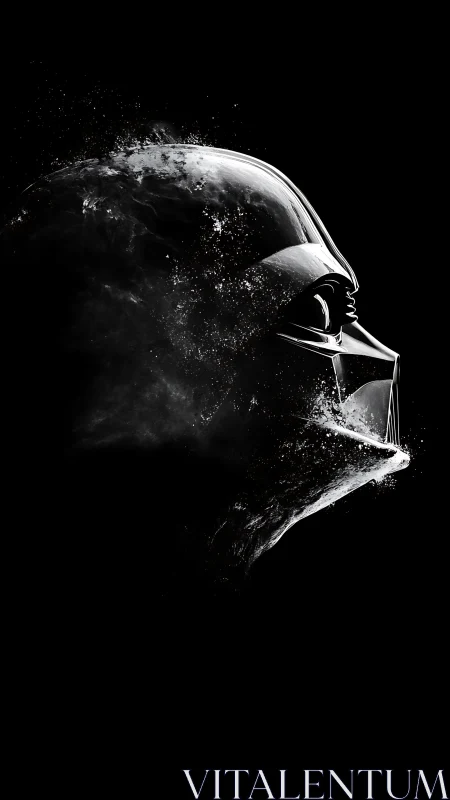 Profiled dark sci‑fi helmet dissolving into particulate nebula