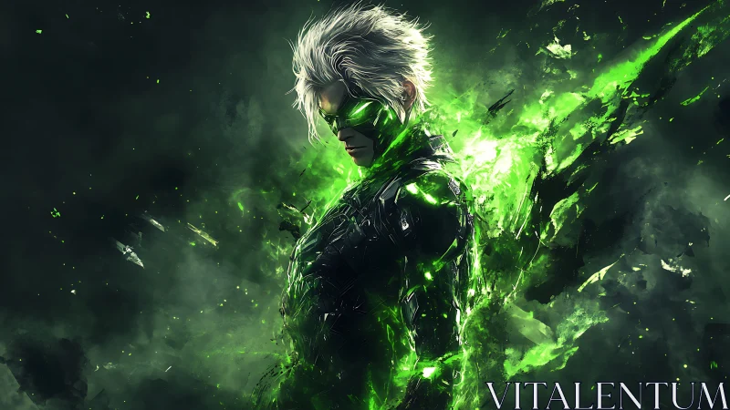 Cybernetic warrior emerges amid luminous green energy shards